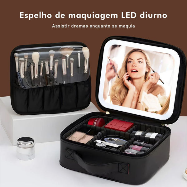 Make Pro - Nécessaire de Couro com Espelho LED + Brinde Exclusivo (Kit 13 Pincéis Beauty Soft)