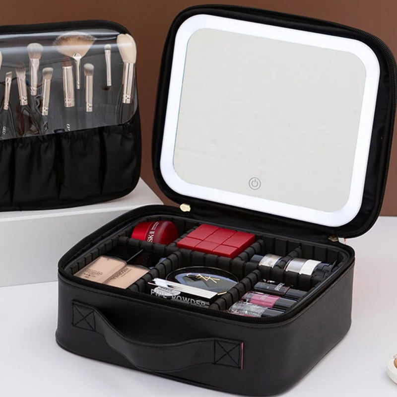 Make Pro - Nécessaire de Couro com Espelho LED + Brinde Exclusivo (Kit 13 Pincéis Beauty Soft)