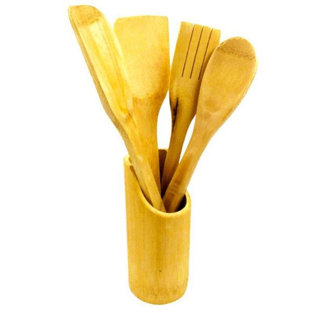 Kit 5 Utensílios de Madeira Bambu para Cozinha